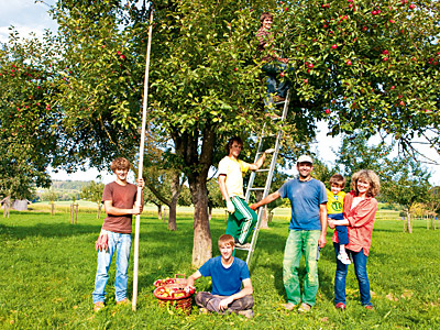 Familie bei Apfelernte